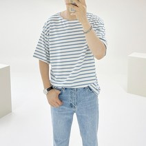 아도르클래식 버키 스트라이프 단가라 커플 룩 여름 면 반팔티