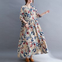 도오빠 헬리오 여성 긴팔 롱 원피스 빅사이즈 라운드 꽃무늬 잠옷 맥시 플레어 홈웨어 여자원피스 프리사이즈