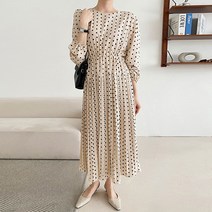 티탁 여성 빅사이즈 데일리 루즈핏 라운드넥 도트 스트링 플리츠 긴팔 롱원피스 TTCA39