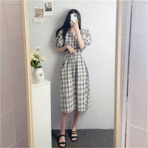 셀러허브 패션 [비위치] 허리끈 린넨 체크 퍼프 롱원피스