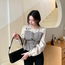 레몬플레버 레케기 라운드넥 배색 체크 벨트 블라우스 - 2Color
