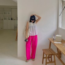 핫핑크 와이드핏 여성 통바지 스트링 팬츠