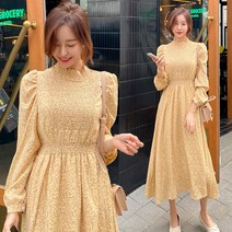헤링본 봄 롱 쉬폰원피스 플라워 가을 겨울 셔링 맥시 스모크 허리밴딩 A라인 플레어 HD021