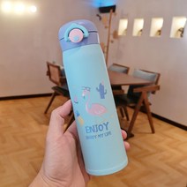 미즈우드 만화 쉘 머그잔 귀여운 신선한 간단한 물 컵 사무실 성인 휴대용 더블 스테인레스 스틸 컵, 500ML, YX3603 시안 플라밍고