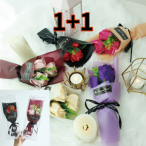 [1+1] 민디스 장미 비누꽃 향기나는 꽃다발 3송이 플라워박스 포장 졸업식 발렌타인데이 생일, 비누 장미 다크퍼플, 비누 장미 다크퍼플