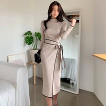 Q10927023 니트 원피스 반폴라 골지 롱원피스 슬림핏 하객룩 데일리룩
