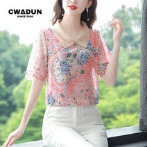 Cwadun 중년여성 고급 쉬폰 블라우스 플라워 빅사이즈