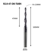 스탠다드툴 텅스텐 솔리드 카바이드 엔드 밀 4mm 6mm 8mm 볼 노즈 테이퍼 엔드 밀 라우터 비트 CNC 테이퍼 목재 금속 밀링 공업용 다목적 얇은 긴 짧은, R2.0-47-D8-TiAlN