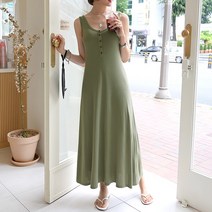 데일리앤 로라 레이온 민소매 버튼 나시 롱원피스 홈드레스