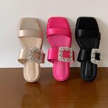 스퀘어 보석 큐빅 새틴 플랫 뮬슬리퍼샌들