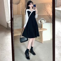 Ogfaour올가을 미디 원피스 여 브이넥 긴팔 빈티지 기질 날씬해 보이는 a라인 롱 스커트B4378