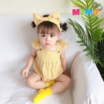 [마마고]베이비 왕리본 체크패턴 여름 바디슈트 헤어밴드set 프릴 민소매