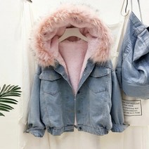 여자청자켓코디 청카바 2021인조 모피 칼라 데님 재킷 여성 겨울 후드 따뜻한 진 코트 학생 기본 파카 여성 폭격기 재킷