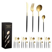 [하트데코] 가정용 고퀄리티 24pcs 은식기 플랫웨어 수저 세트, 블랙골드