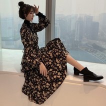 플라워 꽃무늬 프릴 셔링 허리스트링 쉬폰 롱원피스
