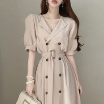 설온 여성 반팔 더블 버튼 퍼프 반 소매 하객룩 원피스 라플