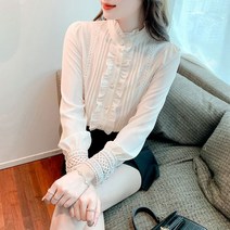 목프릴블라우스 하이넥 차이나 카라 어깨 퍼프 프릴 블라우스
