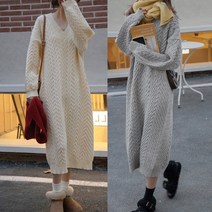 도톰 울 브이넥 롱 니트 원피스 꽈베기 여성 데일리