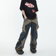 아메리칸 하이 스트리트 다크 스몰 패치 배기 청바지 남녀