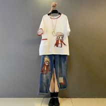 반팔티세트 여성 상의 데님반바지 슬림핏