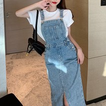 넷투넷코리아 여성 슬림핏 트임 데님 멜빵원피스 H라인 데일리룩