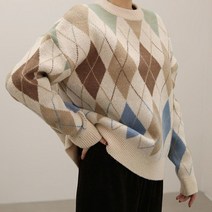 오키진 여성 디어 램 아가일 라운드 니트