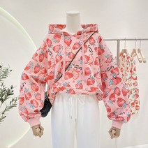 HAI PAI 후드맨투맨 후드티 루즈핏 빅사이즈 딸기 프린팅 후드 핑크 심플 폴오버 기팔 하프 맨투맨 티셔츠