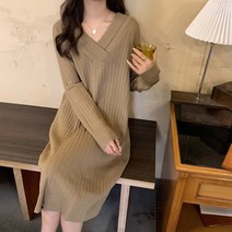 ROGBID 롱니트원피스 브이넥 긴팔 봄원피스