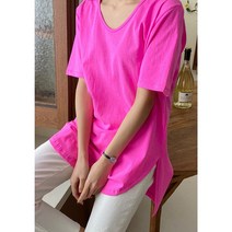 7col 피그먼트 데일리 워싱 비치웨어 반팔 u라인 트임 롱티셔츠 미니 원피스
