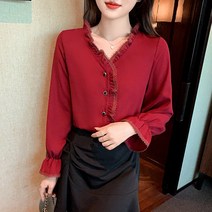 춘녀룩 기질 나무 귀걸이 커리어 셔츠 여 브이넥 버튼 디자인 소소한 쉬폰 블라우스