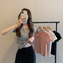 [당일출고] 트임넥 데일리 크롭 반팔티 티셔츠 크롭핏 여름 캐주얼