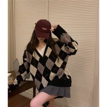 데일리룩 심플 빈티지 학원풍 깅엄 니트 가디건 코트 디자인 봄가을