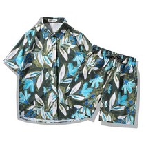 일본계 여름 반팔 플라워 셔츠 남녀 빈티지 건달 하와이 비치 커플 루즈핏 세트