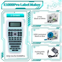 E1000 휴대용 핸드 헬드 라벨 프린터 메이커 기계 QWERTY 키보드 여러 기호 라미네이트 레이블 홈 오피스 사용, GN-10 Black on Blue, 미국 플러그