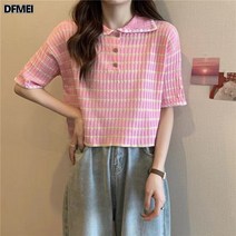 DFMEI 핑크 스트라이프 넥 니트 여 상의 여