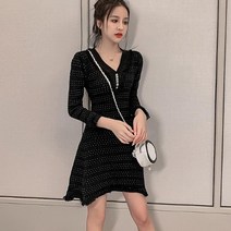 리더스 브이넥 미니원피스 블랙 앤 화이트 캐주얼 하객룩