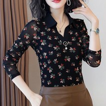 에블 대박걸 써클 진주 달랑 카라 달린 브이넥 긴팔 블랙 꽃 패턴 여성 블라우스 2color