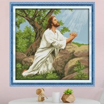 푸아이 자수 십자수 DIY 기도하는 예수님 명화 세트+행운십자수(30x30)RW1734, C 3 가닥 면사  80*77CM, 1세트