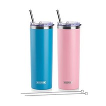 koodee 빨대 달린 591 5ml(20온스) 스키니 텀블러 스테인리스 스틸 이중벽 단열 슬림 여성 남성용 DIY 생일 선물 (퍼플) 미국직송, 2 Count (Pack of 1), 스카이 블루-핑크