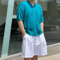오버핏 브이넥 부클 반팔 니트 가디건 청록색 5컬러 남자 남성 유니섹스 여름 반팔가디건