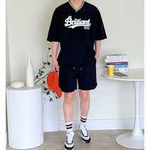 더유니크제이 여름 오버핏 프린팅 남자 아노락 브이넥 반팔티+밴딩 반바지 트레이닝 세트 3컬러
