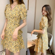 랩원피스 가운 플라워 로브 봄여름 미니 반팔 투웨이, 옐로우그린