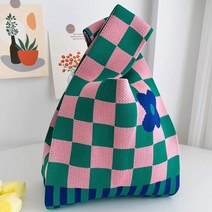 그린 블랙 2컬러 체커보드 패턴 여성 체크플라워 니트 미니 토트백