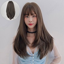 Routop 여성 가발 긴발 잔머리 디자인 머리둘레 조절 가능 무광 머릿결 가발망 거치대 세트 헤어핀 빗 포함 65CM, 다크 브라운