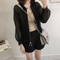 라운드자켓 봄자켓 오피스룩 청자켓 여름 특대 솔리드 컬러 지퍼 탑 여성 라운드 넥 긴 소매 얇은 밝은 실크 가디건 레이스 선 스크린 의류 자외선 차단