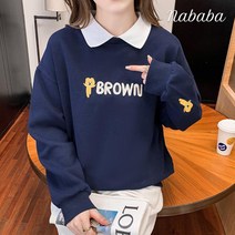 나바바 NT437 여성 캐주얼 브라운 레터링 카라 티셔츠