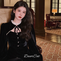 벨벳 레이스 긴팔 원피스 빈티지 조임 허리 날씬해 보이는 기질 롱스커트