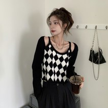 오픈숄더니트 페이크투피스 여성 봄가을 숏 작은 키 바둑판 칸 스웨터 디자인감각 이너 상의 2576493438