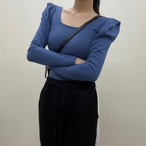 VANANA2 여성용 어깨 퍼프 라운드넥 기본 긴팔 무지 티셔츠