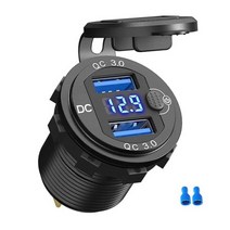 12/24V 알루미늄 금속 36W QC3.0 듀얼 USB 자동차 충전기 소켓 방수 전압계 스위치 빠른 충전 어댑터, Blue